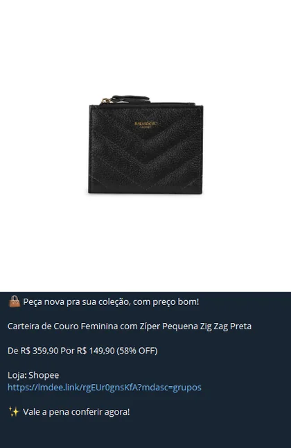 Publicação do canal: carteira de couro feminina, de R$ 359,90 por R$ 149,90 (58% OFF), na Shopee