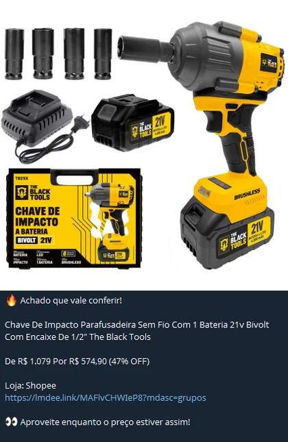 Publicação do canal: chave de impacto a bateria, de R$ 1.079 por R$ 574,90 (47% OFF), na Shopee