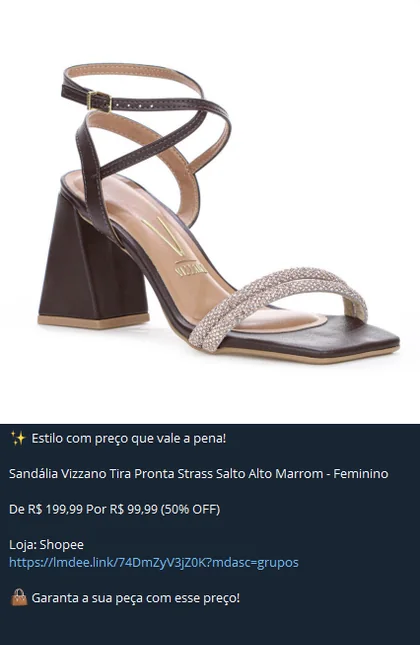 Publicação do canal: sandália de salto com strass, de R$ 199,99 por R$ 99,99 (50% OFF), na Shopee