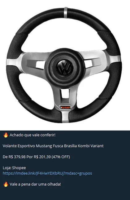 Publicação do canal: volante esportivo, de R$ 379,98 por R$ 201,39 (47% OFF), na Shopee